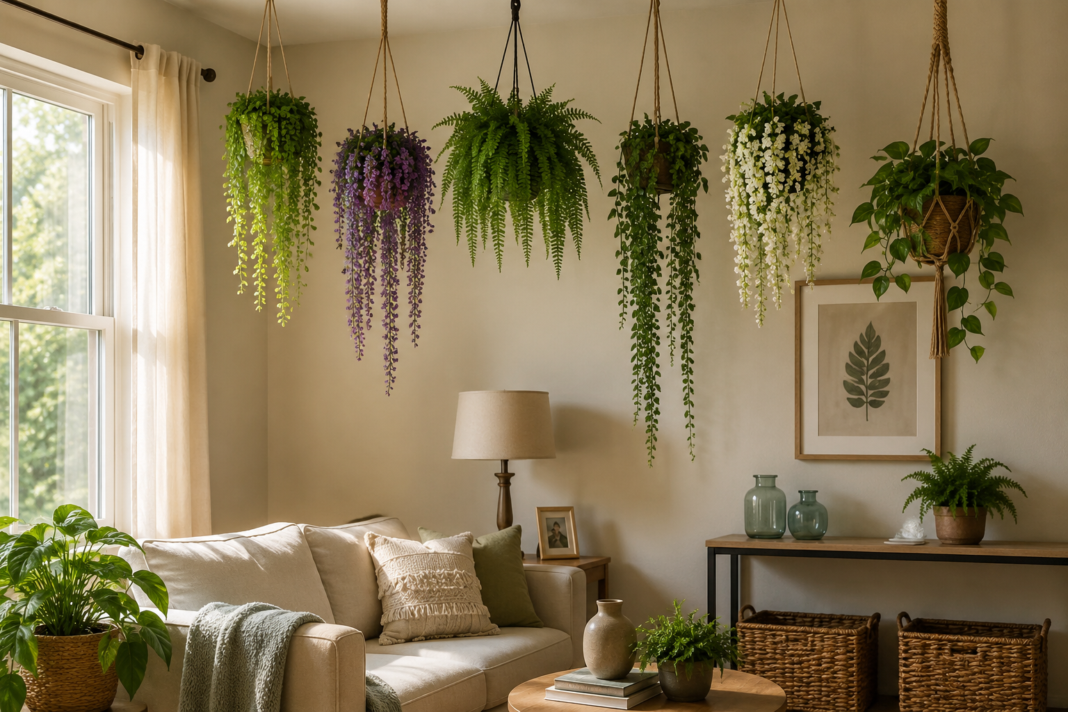 Artificial hanging plants displayed in a warm, sunlit living room with a cream sofa, wooden furniture, and woven décor.